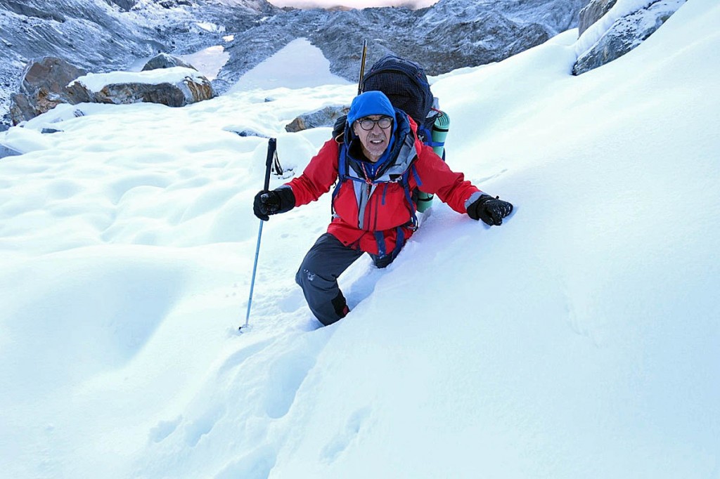 Vic Saunders acclimatising, wading through tiring deep snow
