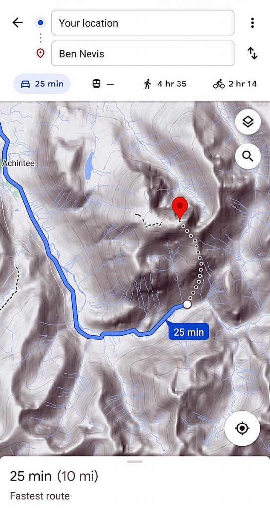 Google Maps' route with the dotted line from the Upper Falls car park Google Maps' route with the dotted line from the Upper Falls car park