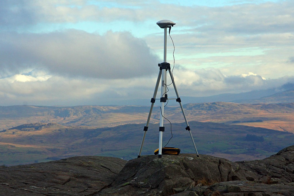 The surveying equipment on the summit of Foel Penolau. Photo: Myrddyn Phillips