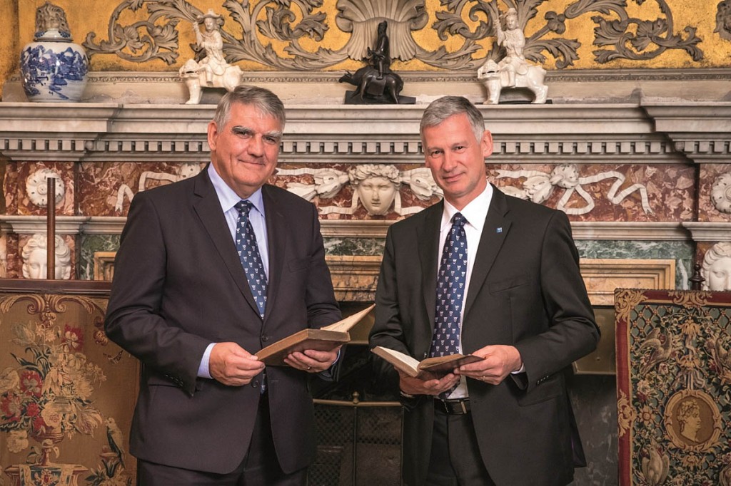Chairman Sir Moir Lockhead, left, and chief executive Simon Skinner. Photo: Brendan MacNeill Photography