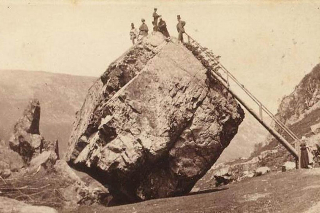 Visitors on the Bowder Stone in the 1860s