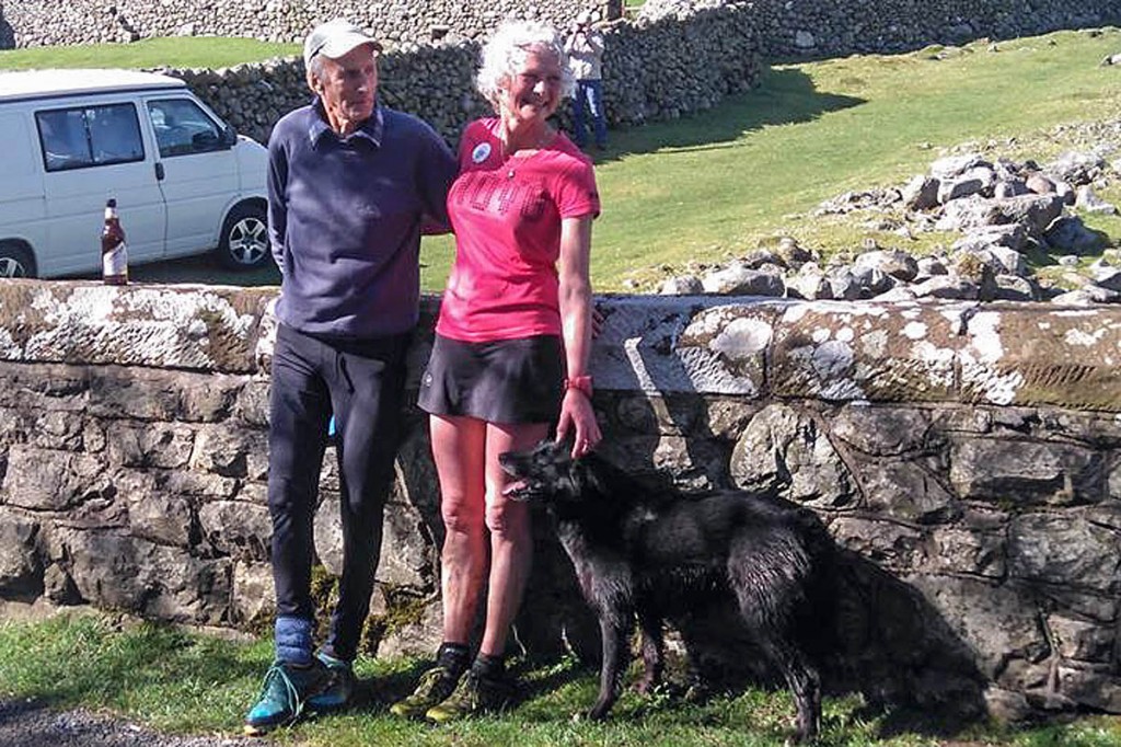 Nicky Spinks with Joss Naylor at the finish of the challenge. Photo: John Burland Nicky Spinks with Joss Naylor at the finish of the challenge. Photo: John Burland