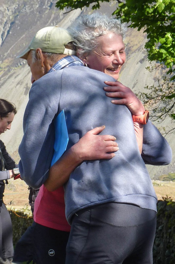 Joss Naylor embraces Nicky Spinks at the end of her challenge run. Photo: Pam Topham Joss Naylor embraces Nicky Spinks at the end of her challenge run. Photo: Pam Topham