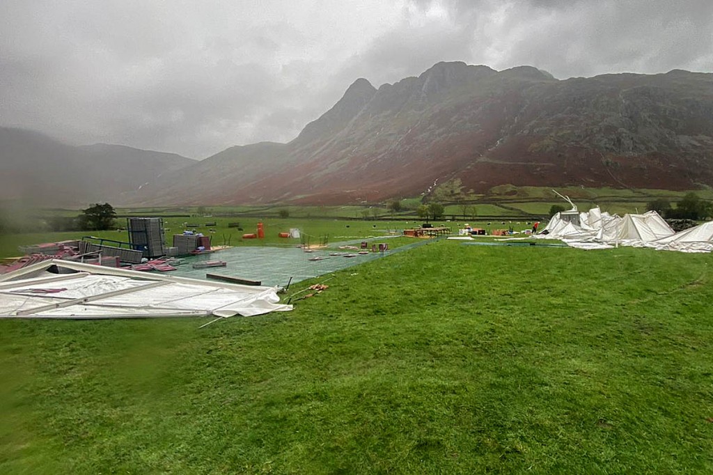 High winds severely damaged the event's Langdale base. Photo: OMM