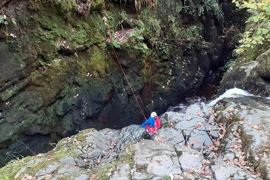 The rescue scene in the Aira Force gorge. Photo: Patterdale MRT The rescue scene in the Aira Force gorge. Photo: Patterdale MRT