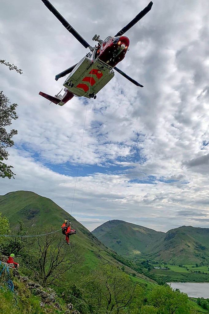 The Coastguard helicopter in action at the incident. Photo: Patterdale MRT The Coastguard helicopter in action at the incident. Photo: Patterdale MRT