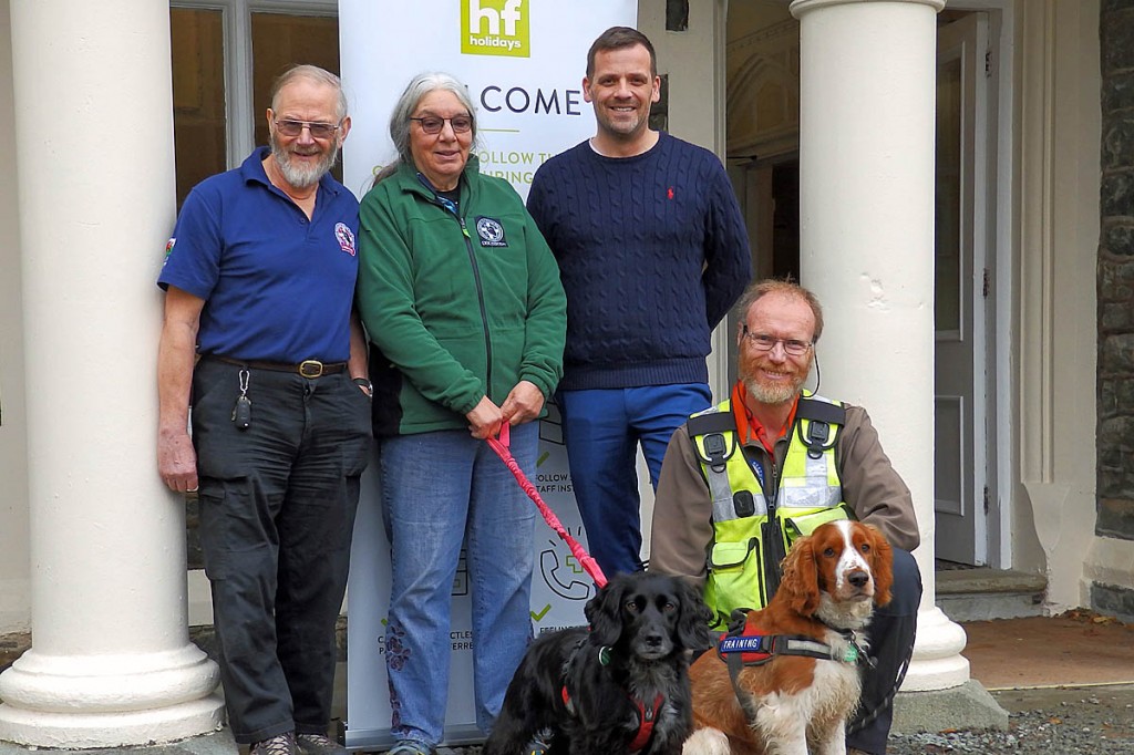 Ex-handlers and regular Dogsbodies Hilary and Chris Malyon with trainee trailing dog Venn are joined by trainee trailing dog, Bryn and handler Paul, front, with HF Dolserau manager Wayne Leslie
