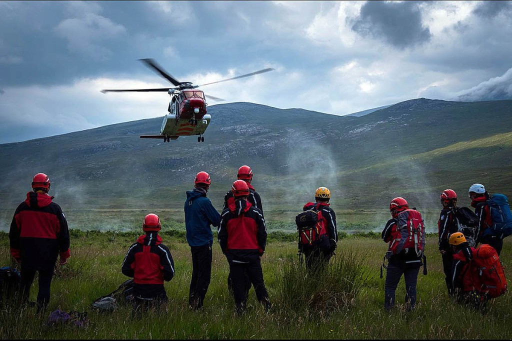 Coastguard helicopters often support volunteer mountain rescuers. Photo: Assynt MRT
