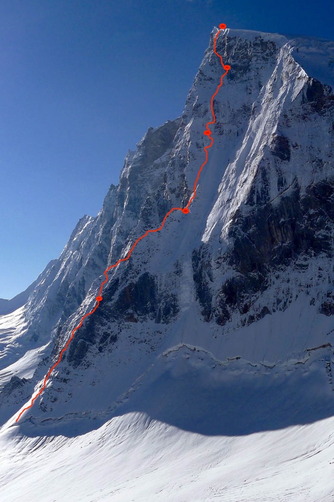 The line taken by the pair during their ascent, with bivouacs shown as blobs The line taken by the pair during their ascent, with bivouacs shown as blobs