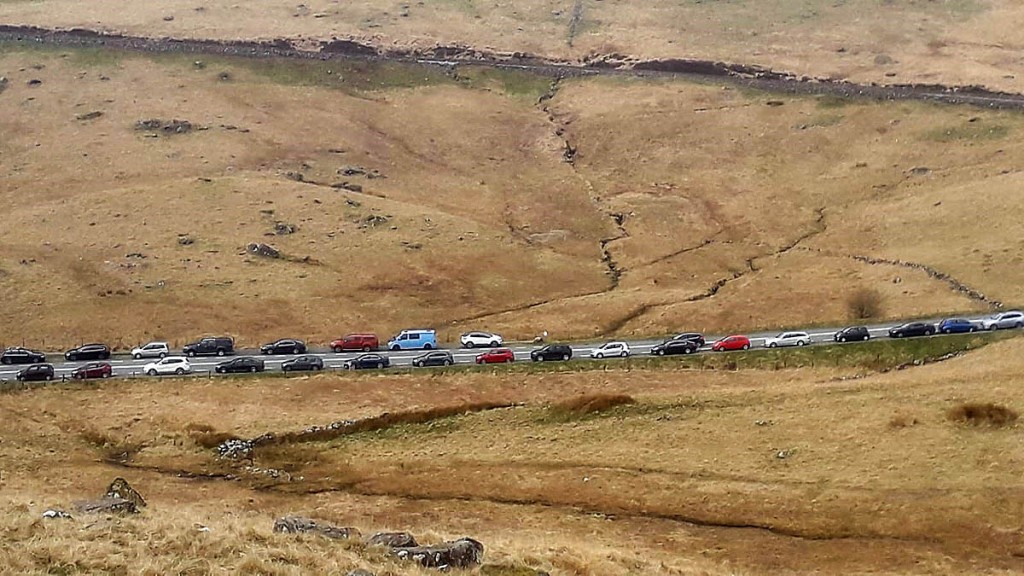 Vehicles line the road at Pen y Gwryd. Photo: Snowdonia NPA