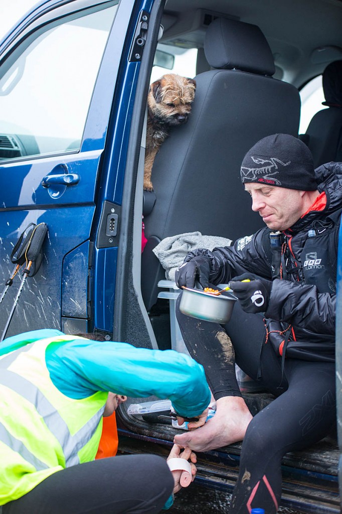 One runner receives attention during a stop. Photo: Yann Besrest-Butler/Montane Spine Race One runner receives attention during a stop. Photo: Yann Besrest-Butler/Montane Spine Race
