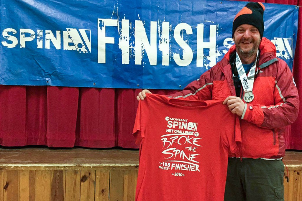 Steve Westwood celebrates finishing the Spine Mountain Rescue Challenge