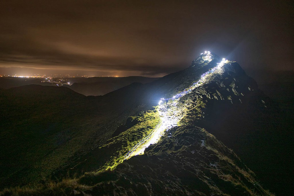 The trails of participants' headtorches on Striding Edge. Photo: Nick Landells/Lakeland Photo Walks 