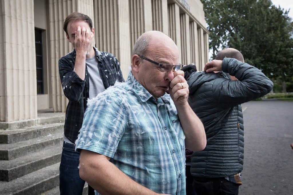 Journalists emerge from the snow globe with a covering of ThermoPlume. Photo: Bob Smith/grough Journalists emerge from the snow globe with a covering of ThermoPlume. Photo: Bob Smith/grough