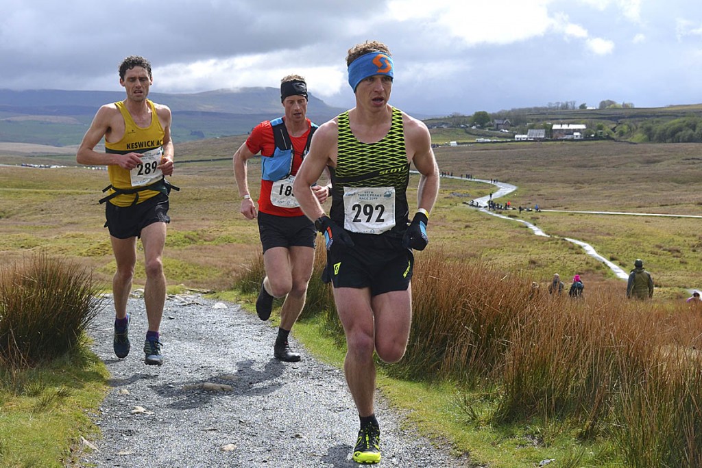Townshend begins the long ascent to Whernside, with Bell, left, and Lightfoot, centre, in close contention. Photo: Dave Woodhead/Woodentops