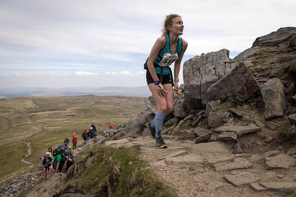 Victoria Thompson, eighth fastest woman, who finished 56th overall, makes the final push to Ingleborough's summit. Photo: Bob Smith/grough