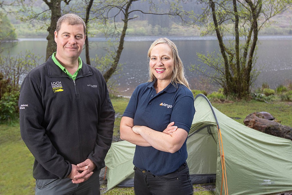 Loch Lomond and the Trossachs authority campsite supervisor Mick Foran and Andrea Rennie, Vango marketing team leader Loch Lomond and the Trossachs authority campsite supervisor Mick Foran and Andrea Rennie, Vango marketing team leader