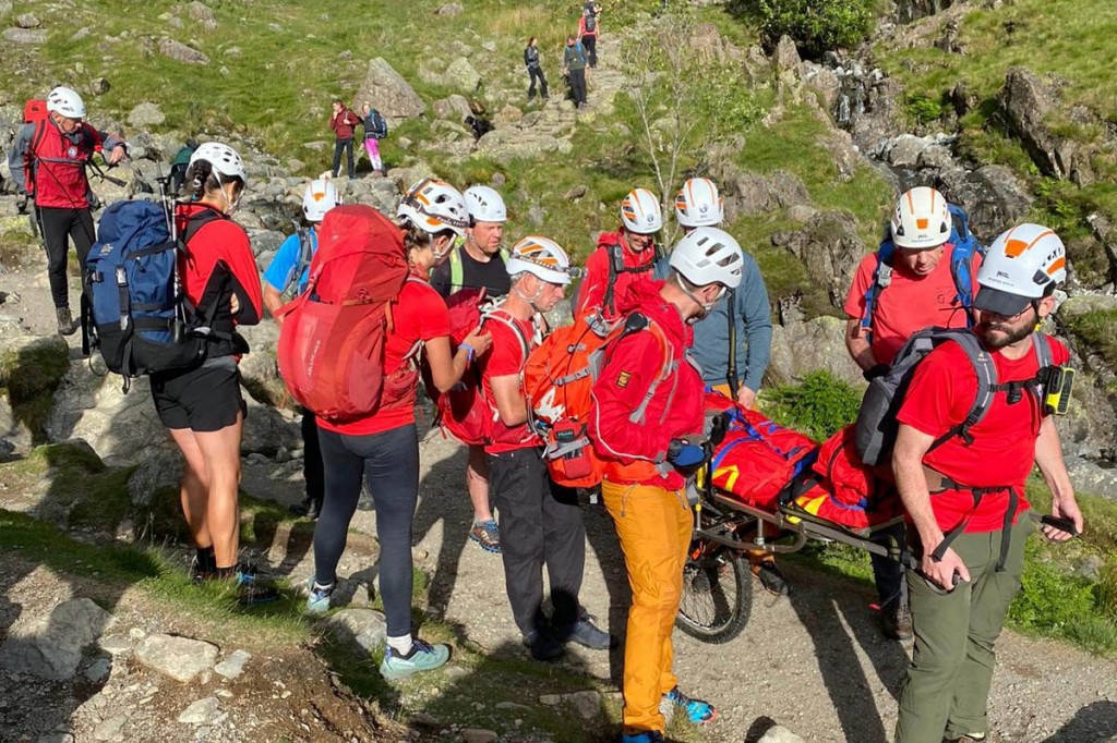 Wasdale MRT and Duddon and Furness MRT members stretcher a walker who suffered a knee injury from Scafell Pike at the weekend. Photo: Wasdale MRT