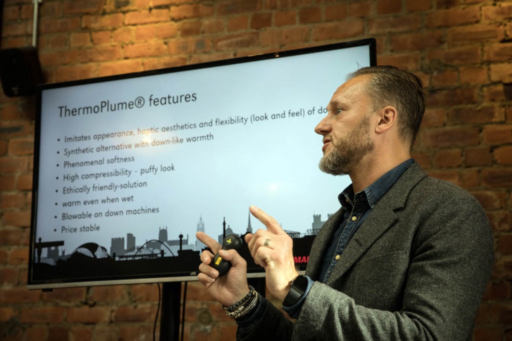 Wim Neels explains the properties of the new PrimaLoft material. Photo: Bob Smith/grough Wim Neels explains the properties of the new PrimaLoft material. Photo: Bob Smith/grough