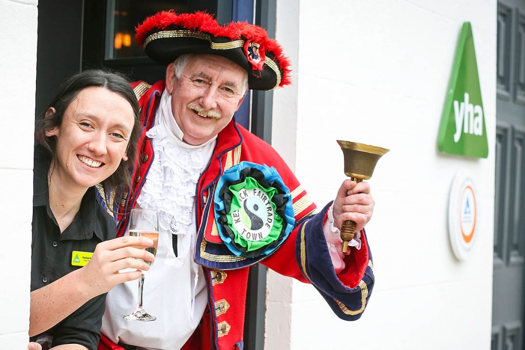 Hostel manager Rachel Kirkby is joined by the Keswick town crier at the opening. Photo: Ceri Oakes Hostel manager Rachel Kirkby is joined by the Keswick town crier at the opening. Photo: Ceri Oakes