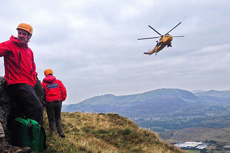 The RAF Sea King arrives at the rescue site above Tanygrisiau. Photo: Aberglaslyn MRT The RAF Sea King arrives at the rescue site above Tanygrisiau. Photo: Aberglaslyn MRT