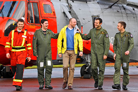 From left: Dr Niall McMahon of the emergency medical retrieval team, who was with the duty crew on the day they picked up Adam; Petty Officer Taff Ashman, winchman and paramedic; Adam Potter; Lieutenant Mike Paulet and Lieutenant Al Hinchcliffe, both pilots. Photo: Stuart Hill/MoD From left: Dr Niall McMahon of the emergency medical retrieval team, who was with the duty crew on the day they picked up Adam; Petty Officer Taff Ashman, winchman and paramedic; Adam Potter; Lieutenant Mike Paulet and Lieutenant Al Hinchcliffe, both pilots. Photo: Stuart Hill/MoD