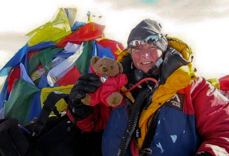 Adele Pennington and teddy bear on Everest's summit