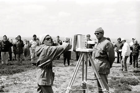 Dr George King standing beside a Spiritual Energy Battery during an Operation Prayer power pilgrimage on Holdstone Down