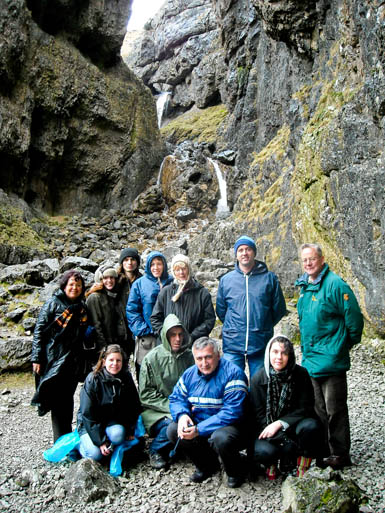   The Balkan group with Dr Malcolm Petyt (right), YDNPA member champion for recreation management, at Gordale Scar. Photo: Yorkshire Dales National Park Authority.
