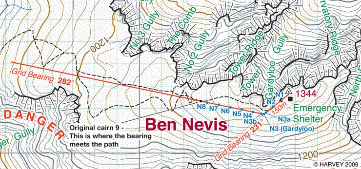 The site of the new cairns, marked on a summit map, along with grid bearings. Image: Harvey Maps