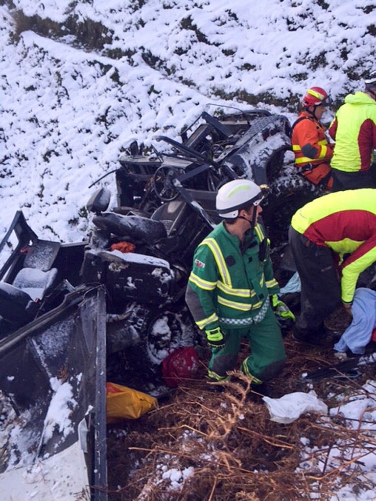 The Land Rover partly disintegrated after sliding down the hillside. Photo:  Brecon MRT