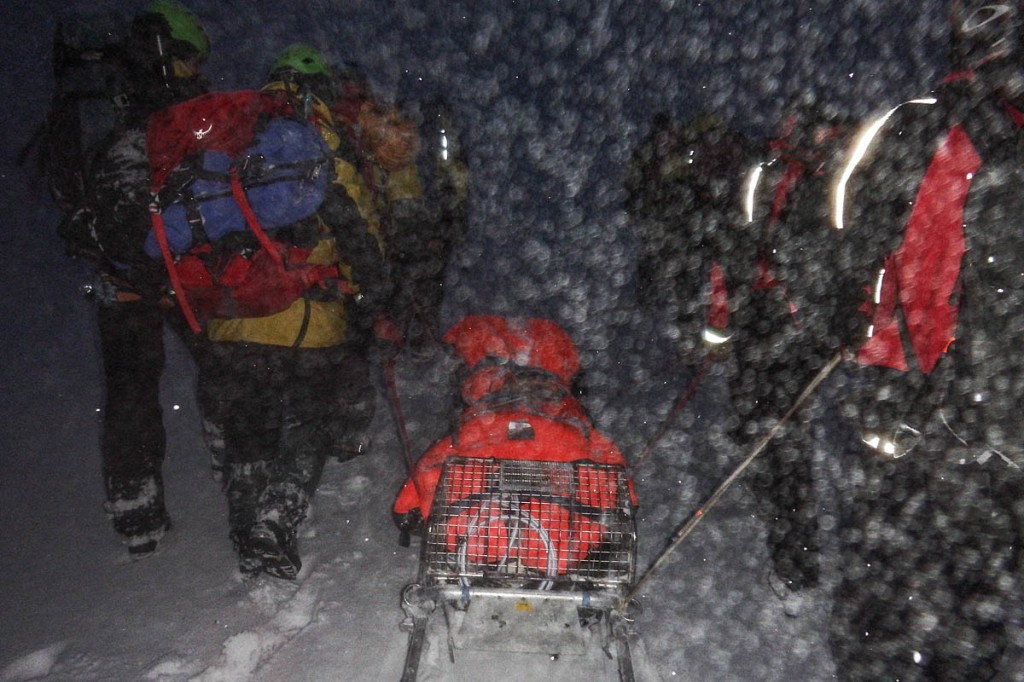 The injured climber is stretchered from the corrie. Photo: Cairngorm MRT The injured climber is stretchered from the corrie. Photo: Cairngorm MRT