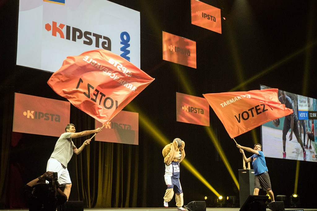 The Decathlon presentations open with the Kipsta team's flags and lion costume The Decathlon presentations open with the Kipsta team's flags and lion costume