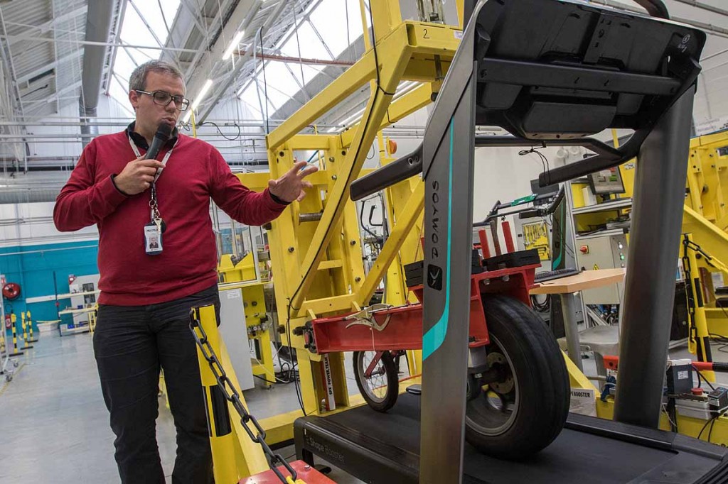 One of the b'Twin products is tested, on a treadmill produced by one of Decathlon's other brands Domyos