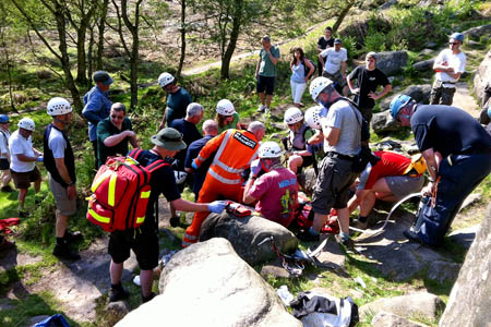 The Edale team at work following the climber's fall at Birchen Edge The Edale team at work following the climber's fall at Birchen Edge