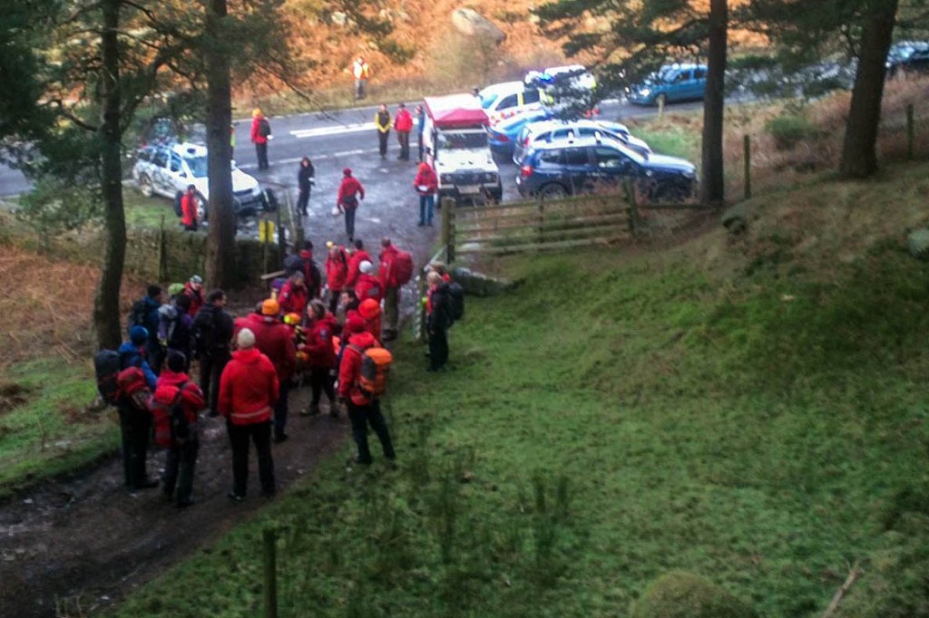 Members of the Edale and Derby teams at the site near Cutthroat Bridge. Photo: Edale MRT Members of the Edale and Derby teams at the site near Cutthroat Bridge. Photo: Edale MRT