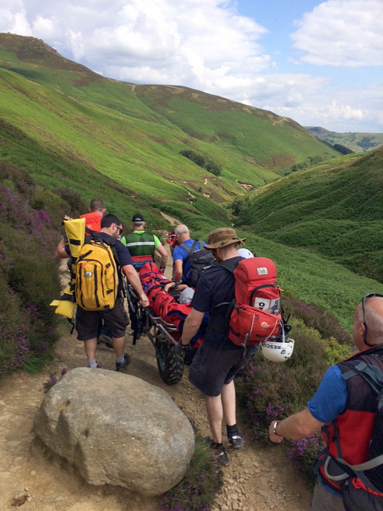 The walker is stretchered down Grindsbrook. Photo: Edale MRT The walker is stretchered down Grindsbrook. Photo: Edale MRT