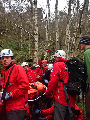 The injured climber is stretchered from Rivelin Edge. Photo: Edale MRT The injured climber is stretchered from Rivelin Edge. Photo: Edale MRT