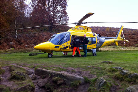 The air ambulance at the scene of the Padley Gorge rescue. Photo: Edale MRT The air ambulance at the scene of the Padley Gorge rescue. Photo: Edale MRT