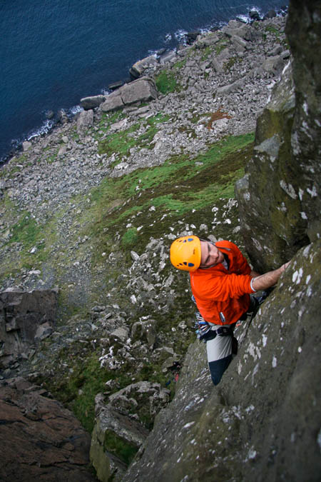 A climber on E4 Track of the Cat E4 at Fair Head. Photo: Neal McQuaid