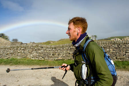 A Fellsman participant is greeted by a rainbow at Yarnbury A Fellsman participant is greeted by a rainbow at Yarnbury