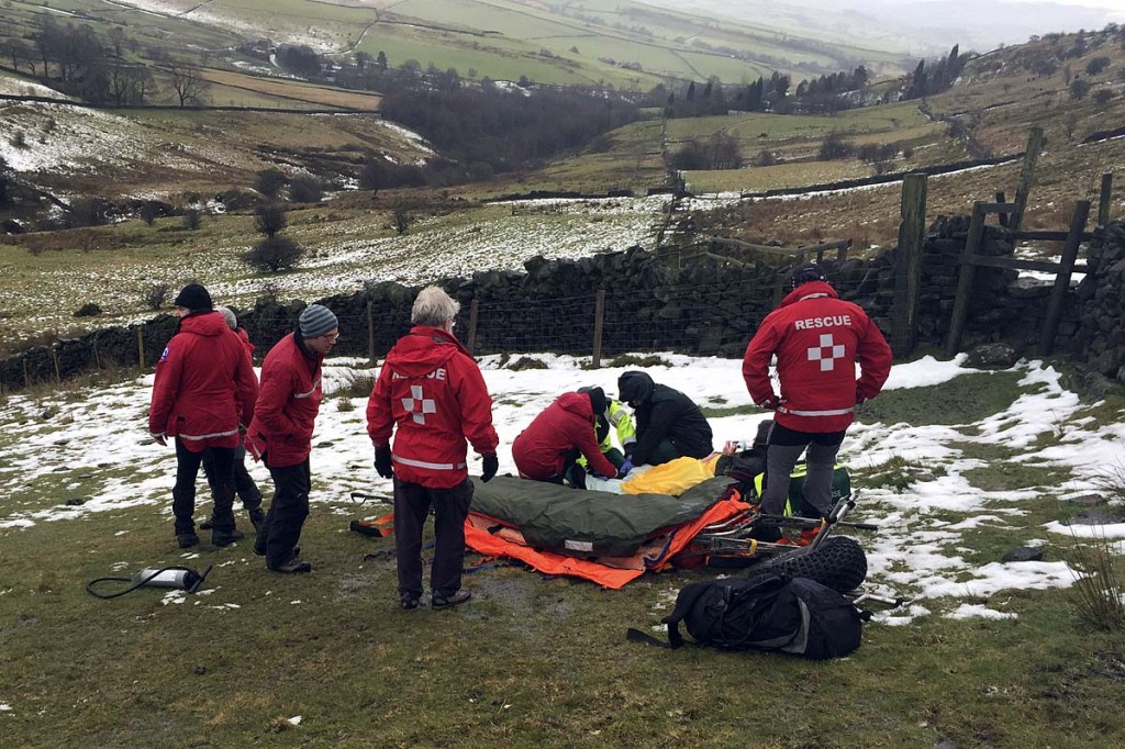 Team members at the scene of the incident near Far Cown Edge Farm. Photo: Glossop MRT Team members at the scene of the incident near Far Cown Edge Farm. Photo: Glossop MRT