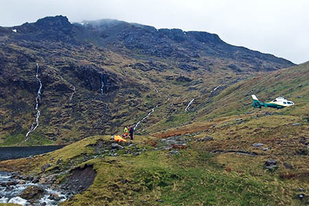 The Great North Air Ambulance at the Angle Tarn rescue. Photo: GNAA The Great North Air Ambulance at the Angle Tarn rescue