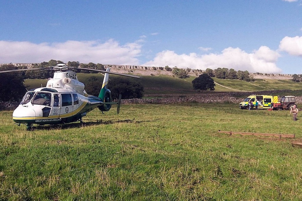 The Great North Air Ambulance at the site of the incident at Redmire in Wensleydale. Photo: GNAAS