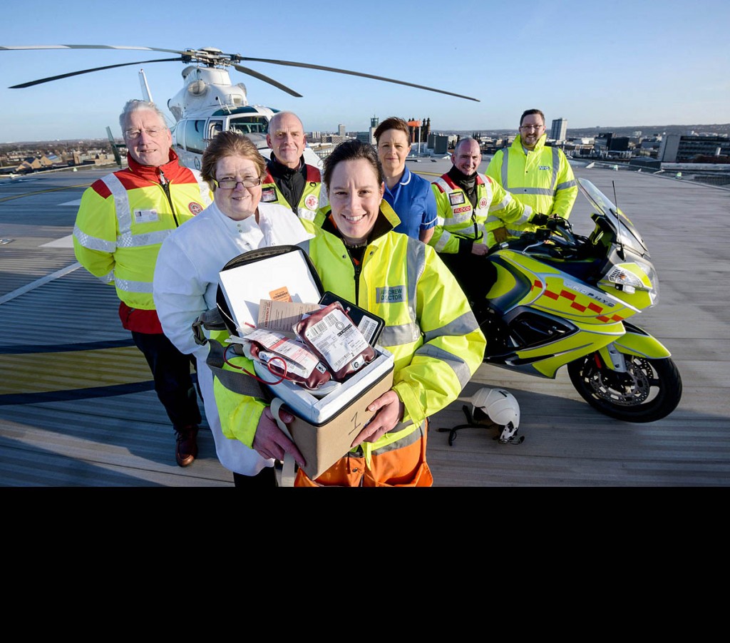 From left: Bill Bertham, chairman of Cumbria Blood Bikes, Yvonne Scott, head of transfusions at Newcastle Hospitals, Peter Robertson, chairman of Northumbria Blood Bikes, Sara Avery, transfusion practitioner at Newcastle Hospitals, Sean Storey, hospital liaison at Northumbria Blood Bikes, David Malone, transport and travel advisor at Newcastle Hospitals, on the roof of the Royal Victoria Infirmary, Newcastle. Photo: Will Walker