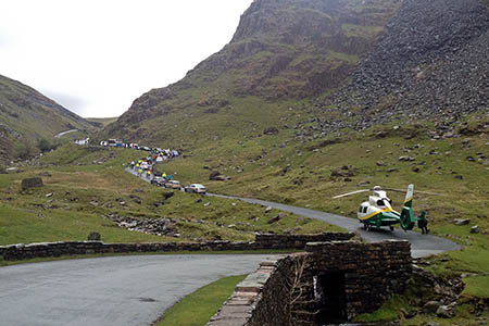 The air ambulance at the scene of the crash on the Honister Pass during the Fred Whitton Challenge. Photo: GNAAS The air ambulance at the scene of the crash on the Honister Pass during the Fred Whitton Challenge. Photo: GNAAS