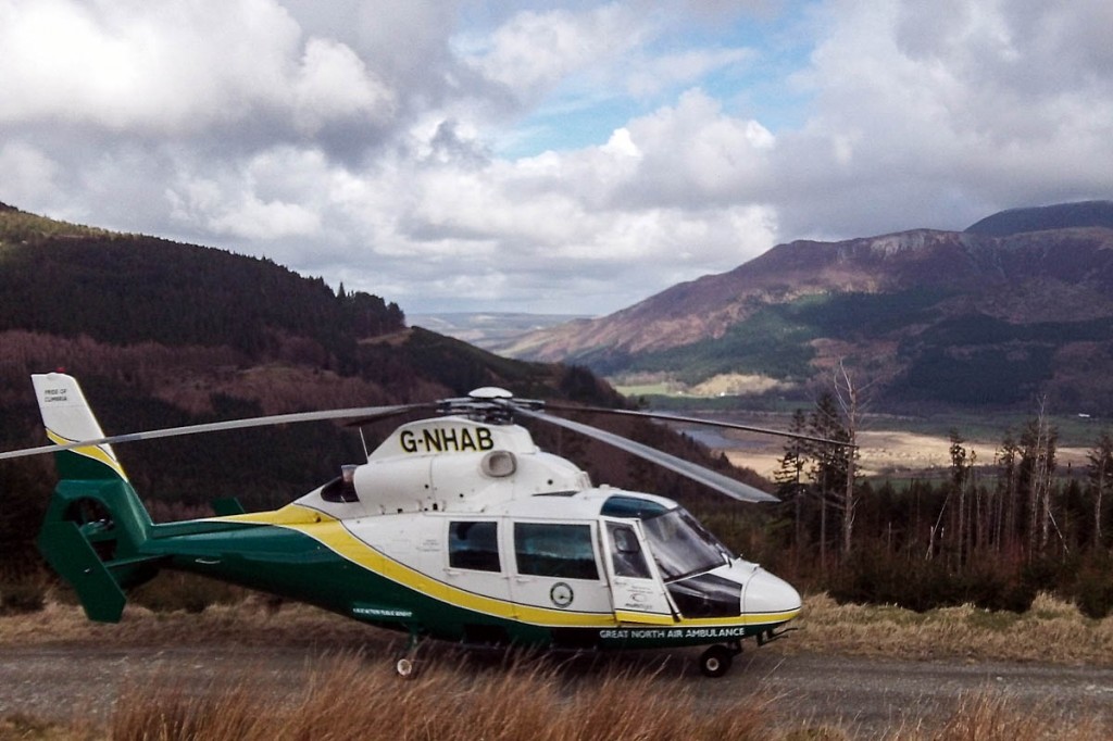 The Great North Air Ambulance at the scene in Whinlatter Forest. Photo: GNAAS The Great North Air Ambulance at the scene in Whinlatter Forest. Photo: GNAAS