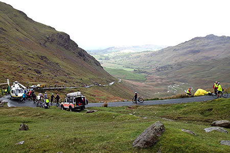 The scene following the crash on the Wrynose Pass during the Fred Whitton Challenge. Photo: GNAAS The scene following the crash on the Wrynose Pass during the Fred Whitton Challenge. Photo: GNAAS