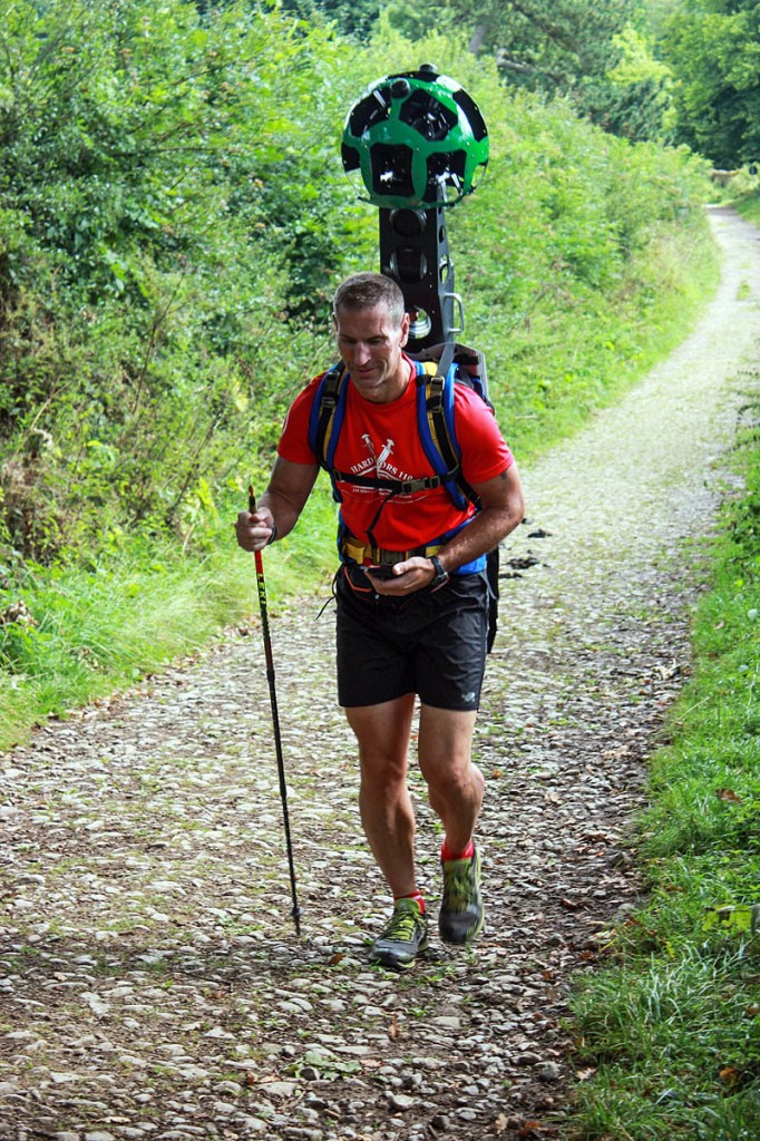 Jonathan Steele of the Hardmoors Ultrarunning Series dons the Trekker backpack on the Cleveland Way at the start of the trail near Helmsley