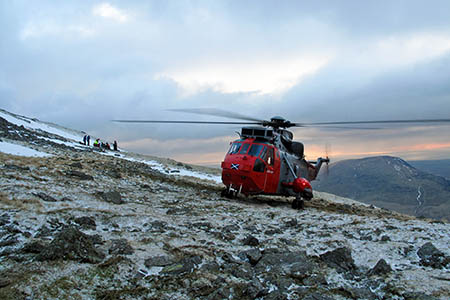 The Sea King helicopter landed at the site and airlifted the woman to hospital. Photo: Royal Navy The Sea King helicopter landed at the site and airlifted the woman to hospital. Photo: Royal Navy